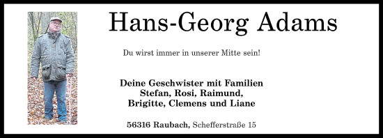 Traueranzeige von Hans-Georg Adams von Rhein-Zeitung