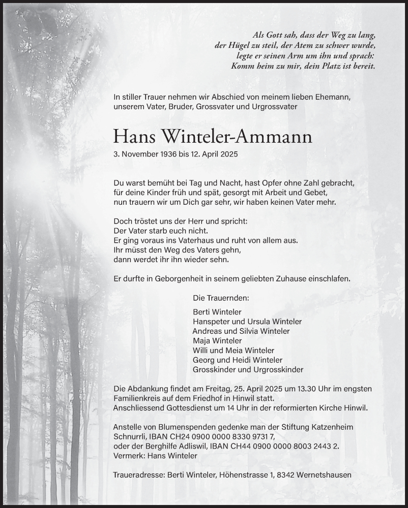  Traueranzeige für Hans Winteler vom 23.04.2025 aus AvU