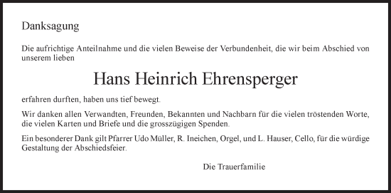Traueranzeige von Hans Heinrich Ehrensperger von AvU