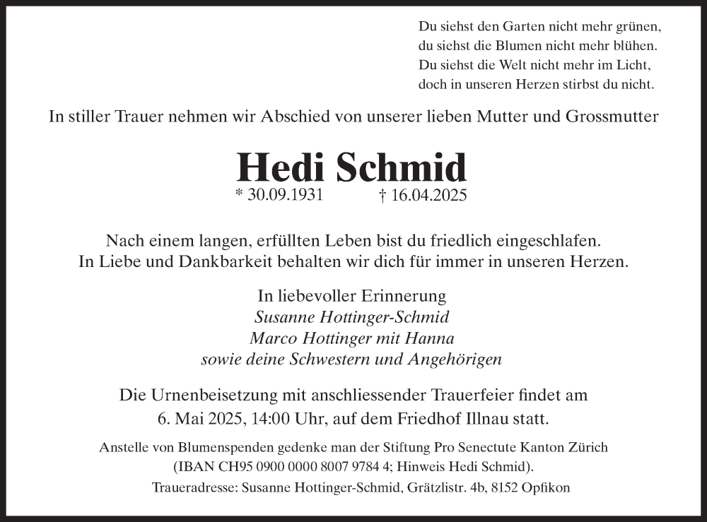  Traueranzeige für Hedi Schmid vom 24.04.2025 aus reg_1