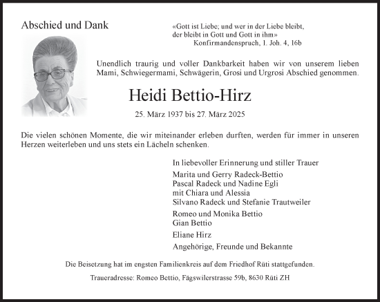 Traueranzeige von Heidi Bettio-Hirz von AvU