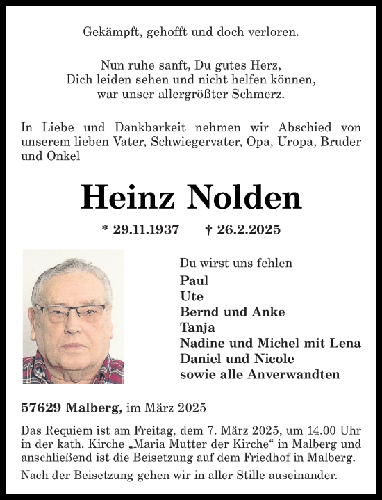 Traueranzeige von Heinz Nolden von Rhein-Zeitung