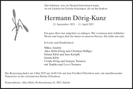 Traueranzeige von Hermann Dörig-Kunz von AvU