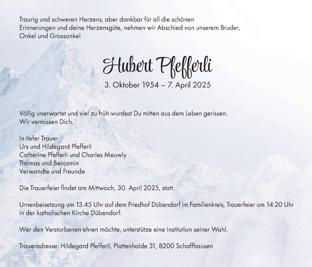  Traueranzeige für Hubert Pfefferli vom 25.04.2025 aus GL solo