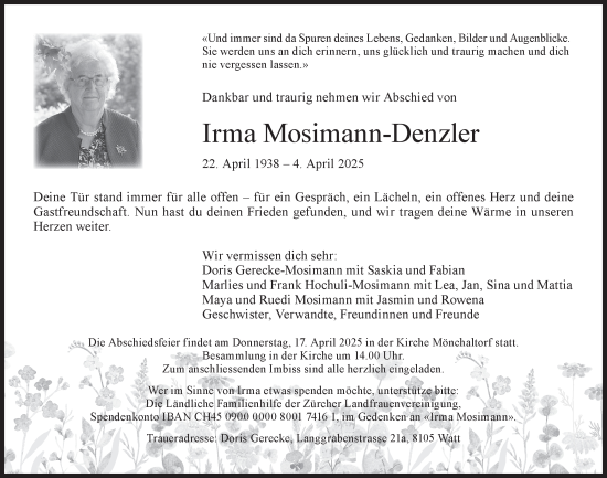 Traueranzeige von Irma Mosimann von AvU
