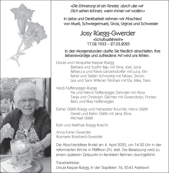 Traueranzeige von Josy Rüegg-Gwerder von AvU
