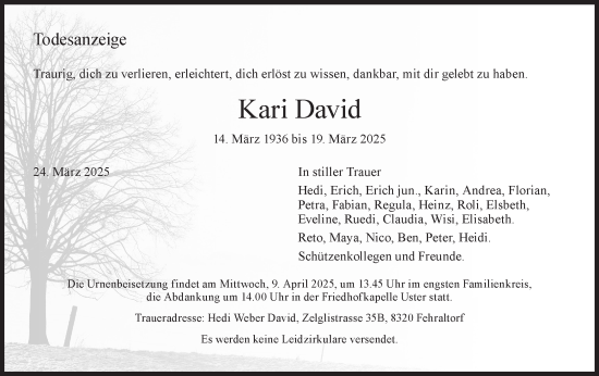Traueranzeige von Kari David von AvU