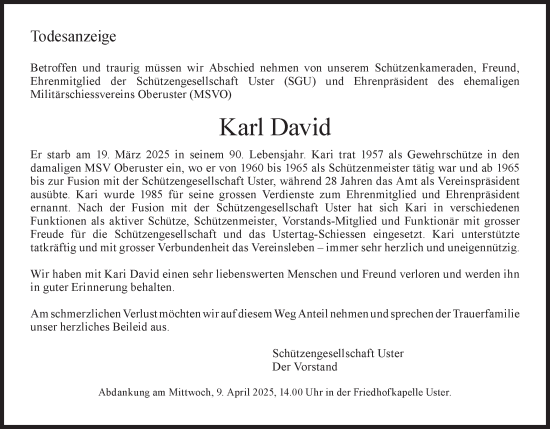 Traueranzeige von Karl David von AvU