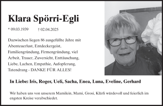Traueranzeige von Klara Spörri-Egli von AvU