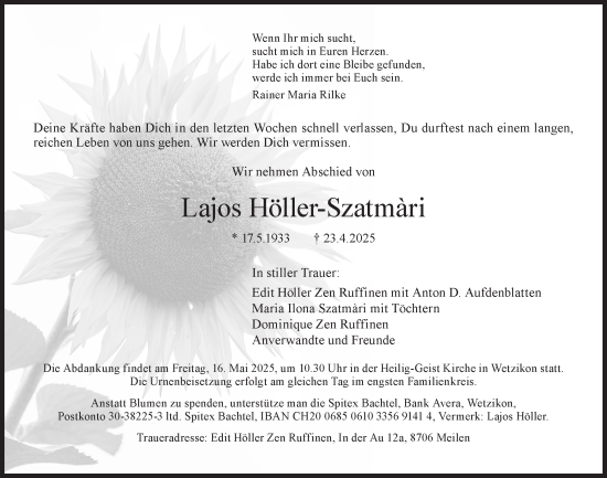 Traueranzeige von Lajos Höller-Szatmari von AvU