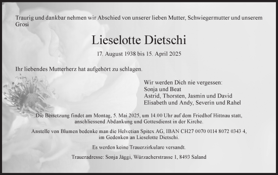 Traueranzeige von Lieselotte Dietschi von AvU