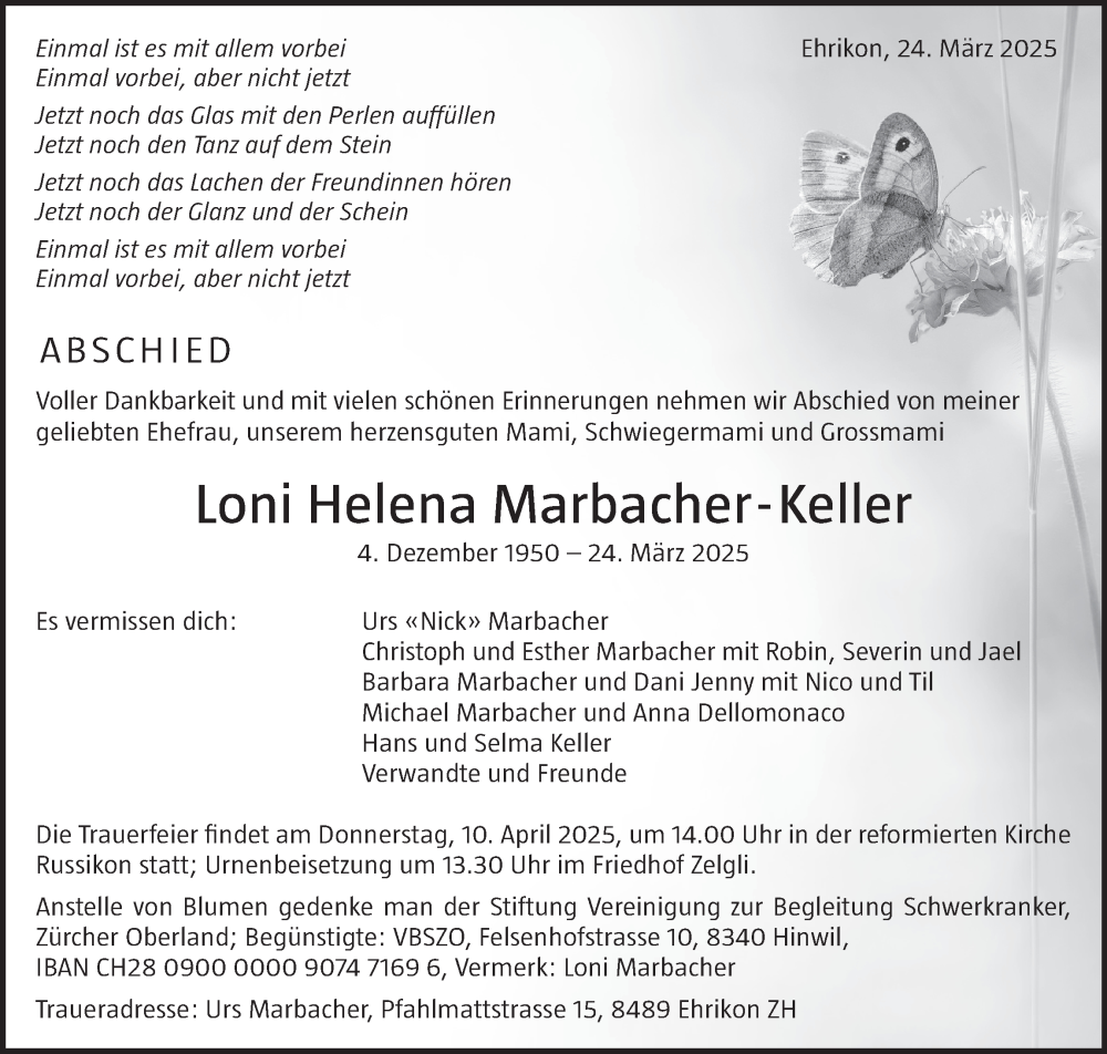  Traueranzeige für Loni Helena Marbacher-Keller vom 02.04.2025 aus AvU