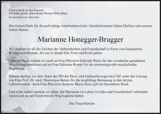 Traueranzeige von Marianne Honegger-Brugger von AvU