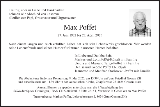 Traueranzeige von Max Poffet von AvU