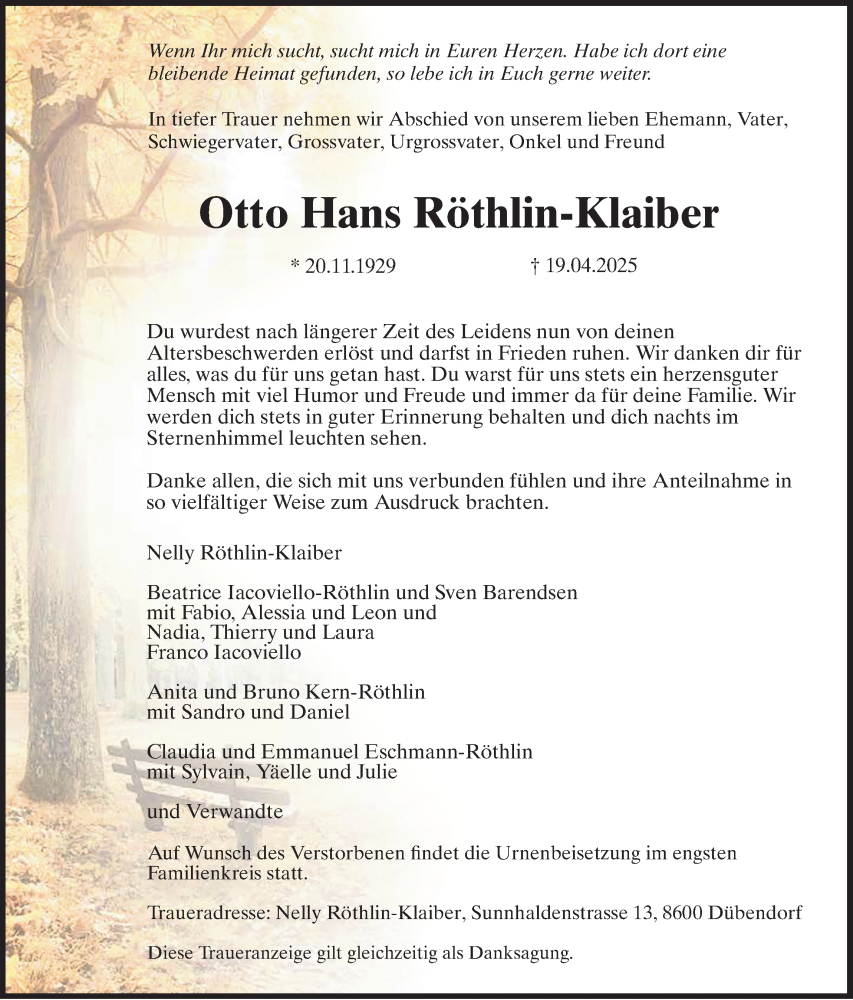  Traueranzeige für Otto Hans Röthlin-Klaiber vom 25.04.2025 aus GL solo