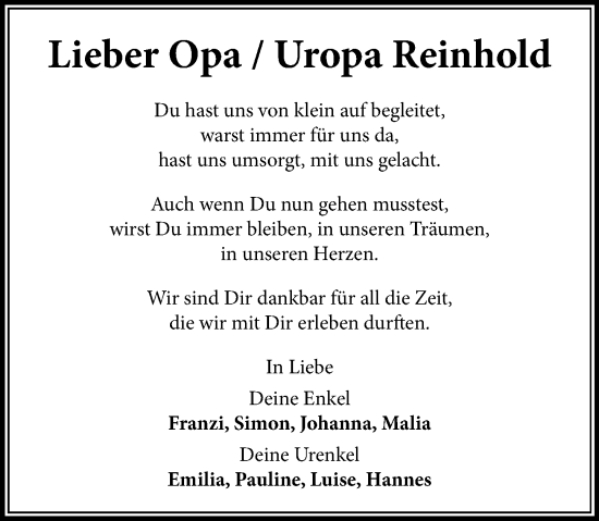 Traueranzeige von Reinhold Becker von Rhein-Zeitung