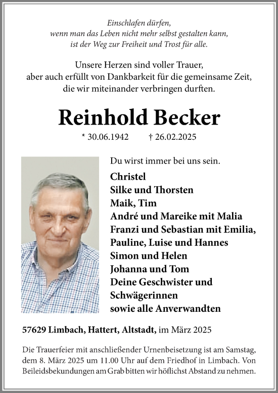 Traueranzeige von Reinhold Becker von Rhein-Zeitung