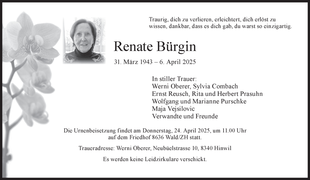  Traueranzeige für Renate Bürgin vom 16.04.2025 aus AvU