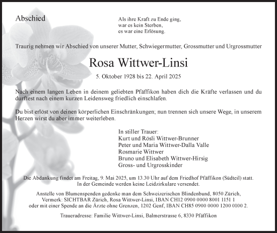 Traueranzeige von Rosa Wittwer von AvU