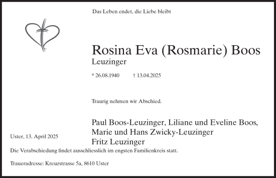 Traueranzeige von Rosina Eva Boos von AvU