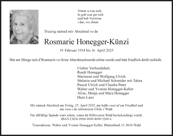 Traueranzeige von Rosmarie Honegger-Künzi von AvU
