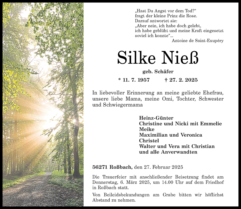  Traueranzeige für Silke Nieß vom 04.03.2025 aus Rhein-Zeitung