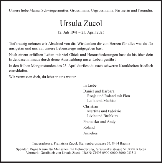 Traueranzeige von Ursula Zucol von AvU
