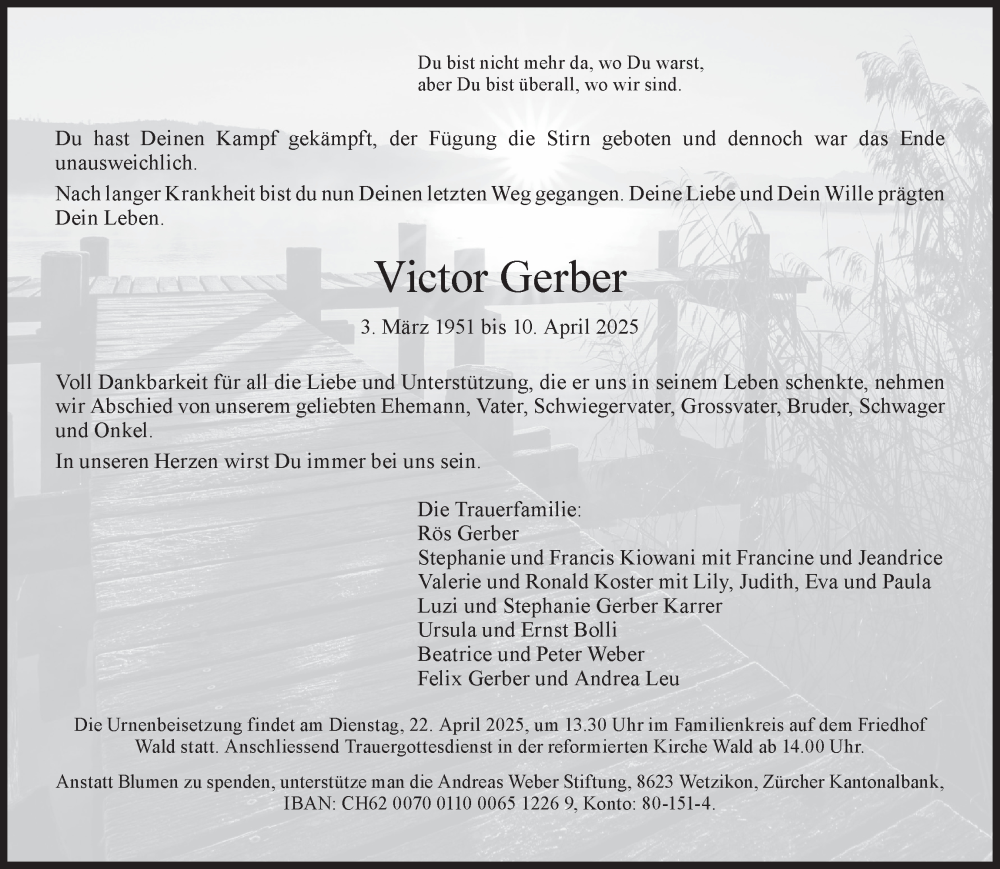  Traueranzeige für Victor Gerber vom 16.04.2025 aus AvU