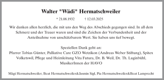 Traueranzeige von Walter Hermatschweiler von AvU