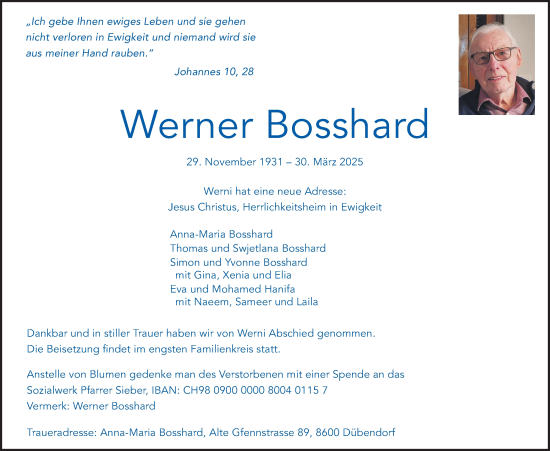 Traueranzeige von Werner Bosshard von GL solo