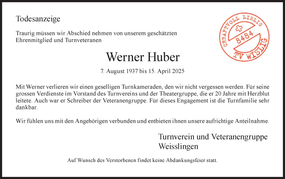  Traueranzeige für Werner Huber vom 23.04.2025 aus AvU