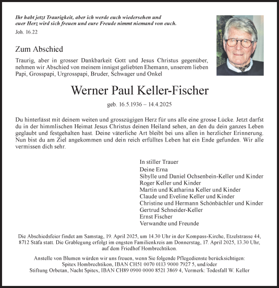 Traueranzeige von Werner Keller-Fischer von AvU