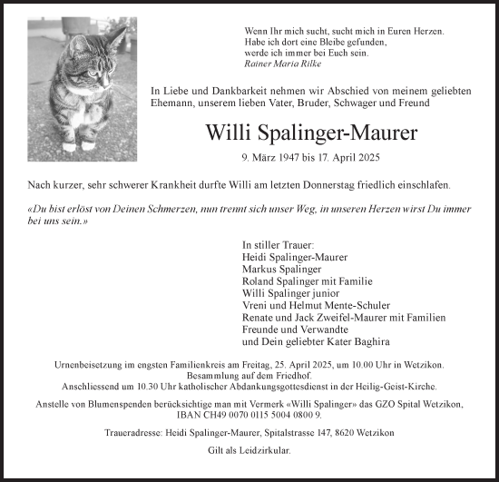 Traueranzeige von Willi Spalinger-Maurer von AvU
