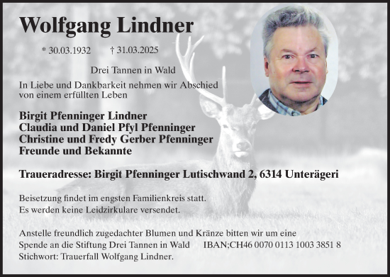 Traueranzeige von Wolfgang Lindner von AvU