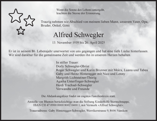 Traueranzeige von Alfred Schwegler von AvU