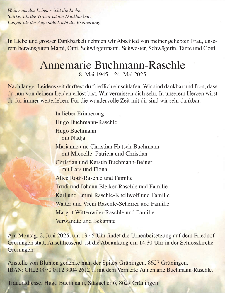  Traueranzeige für Annemarie Buchmann-Raschle vom 28.05.2025 aus AvU