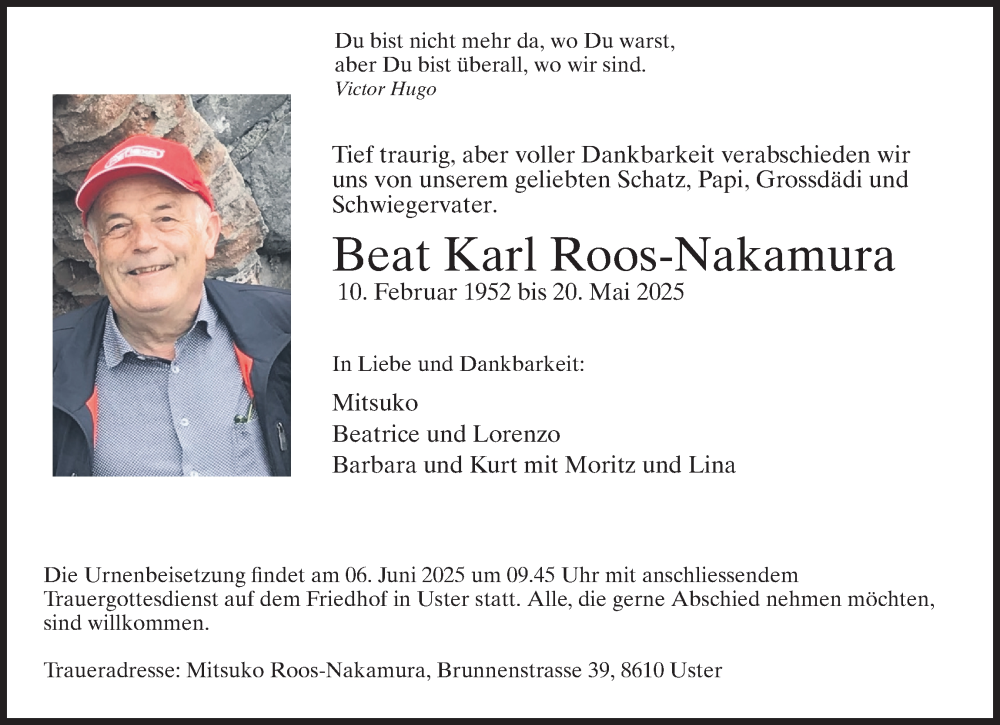  Traueranzeige für Beat Karl Roos-Nakamura vom 28.05.2025 aus AvU