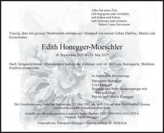 Traueranzeige von Edith Honegger-Moeschler von AvU