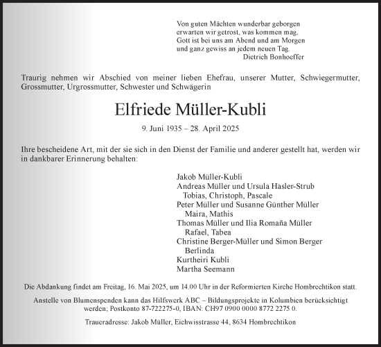 Traueranzeige von Elfriede Müller-Kubli von AvU