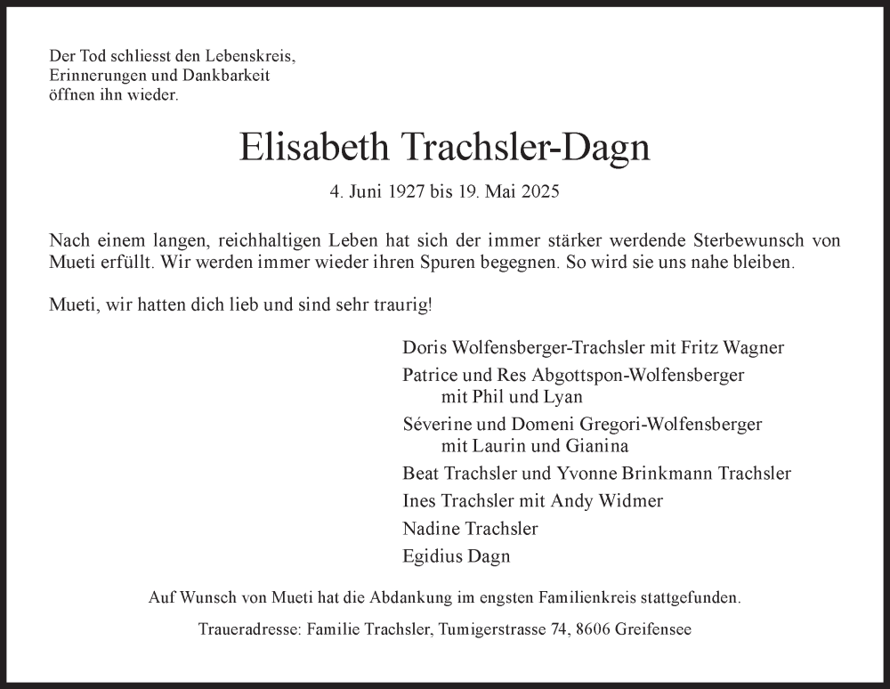 Traueranzeige für Elisabeth Trachsler-Dagn vom 28.05.2025 aus AvU