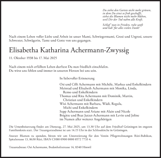Traueranzeige von Elisabetha Katharina Achermann-Zwyssig von AvU