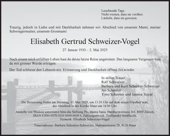 Traueranzeige von Elisabeth Gertrud Schweizer-Vogel von AvU