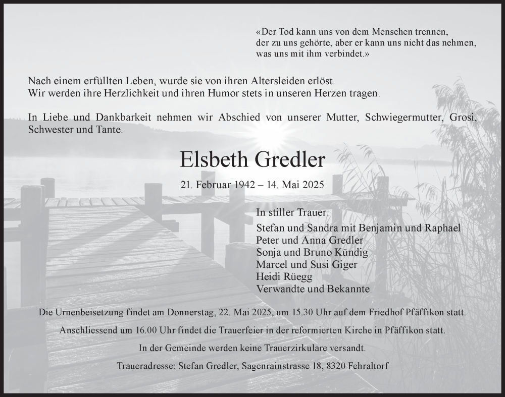  Traueranzeige für Elsbeth Gredler vom 21.05.2025 aus AvU