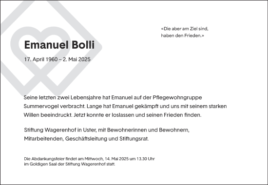 Traueranzeige von Emanuel Bolli von AvU