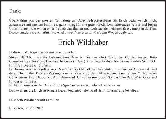 Traueranzeige von Erich Wildhaber von AvU