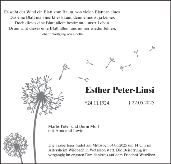 Traueranzeige von Esther Peter-Linsi von AvU