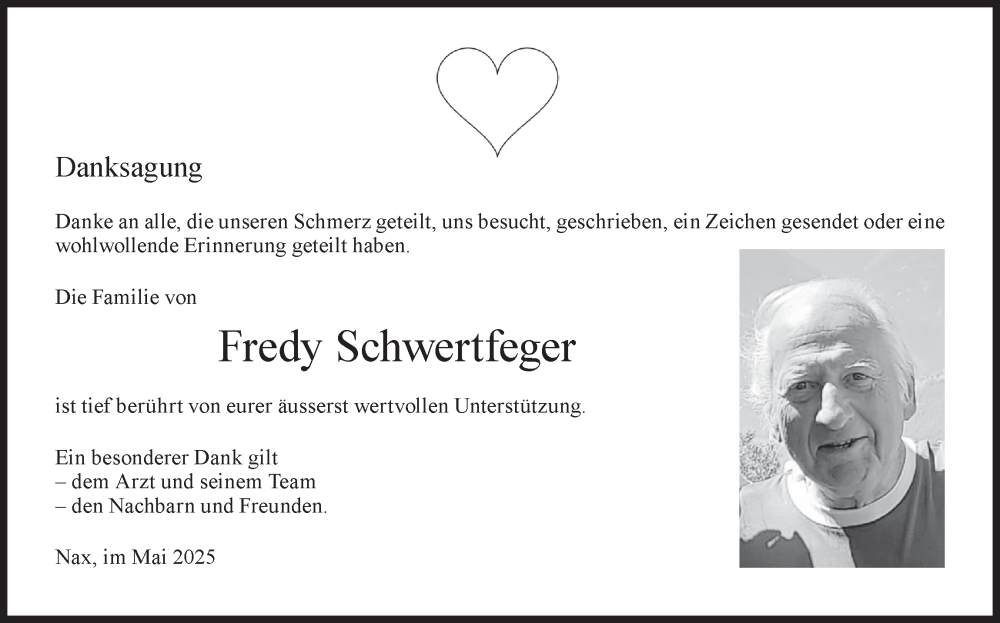  Traueranzeige für Fredy Schwertfeger vom 31.05.2025 aus AvU