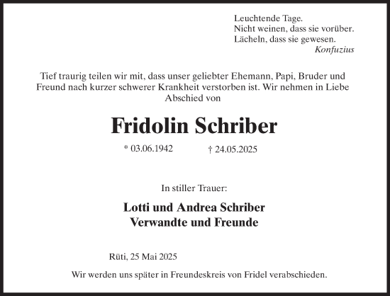 Traueranzeige von Fridolin Schriber von AvU