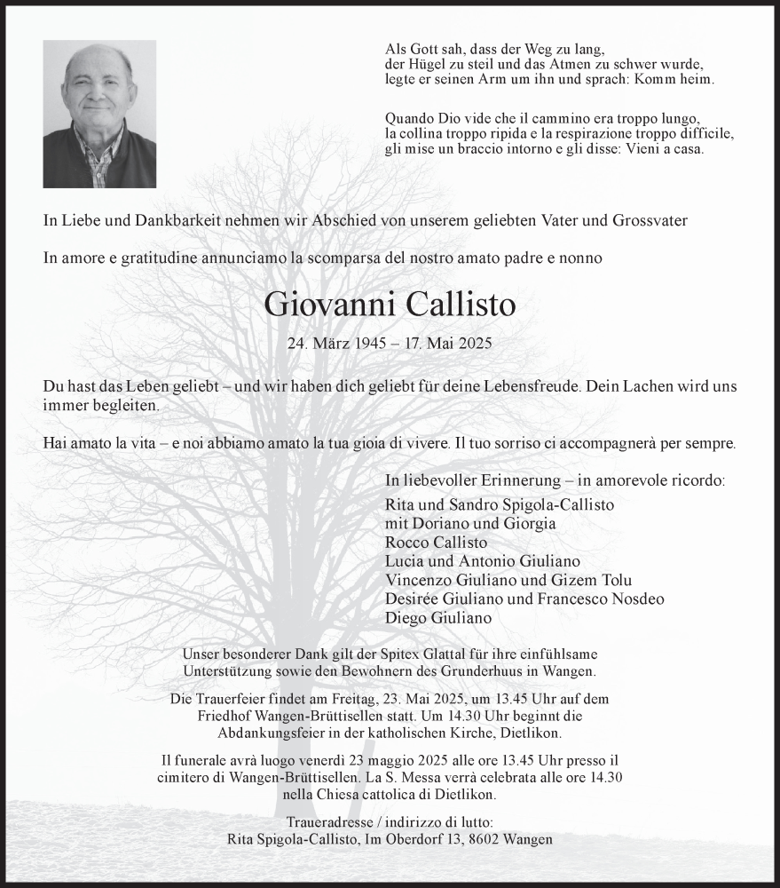  Traueranzeige für Giovanni Callisto vom 23.05.2025 aus GL solo