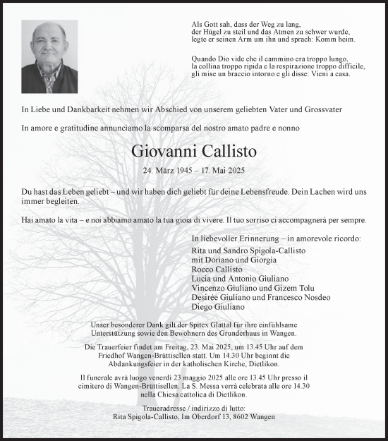 Traueranzeige von Giovanni Callisto von GL solo